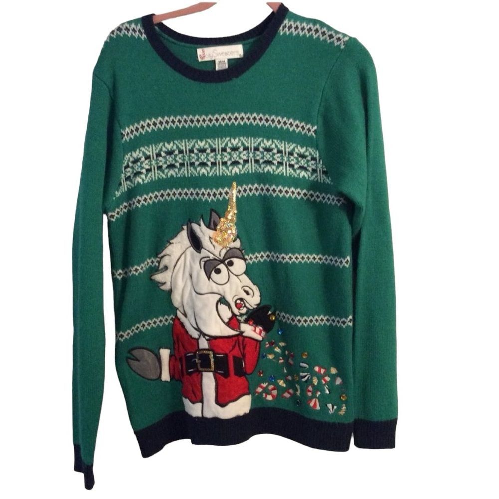 Ugly Christmas Sweater Angry Unicorn Medium M green Jolly stretch